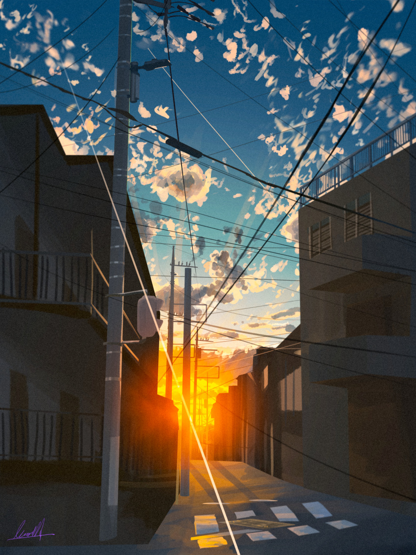absurdres banishment blue_sky building clouds highres no_humans original outdoors power_lines railing road scenery signature sky street sunset utility_pole