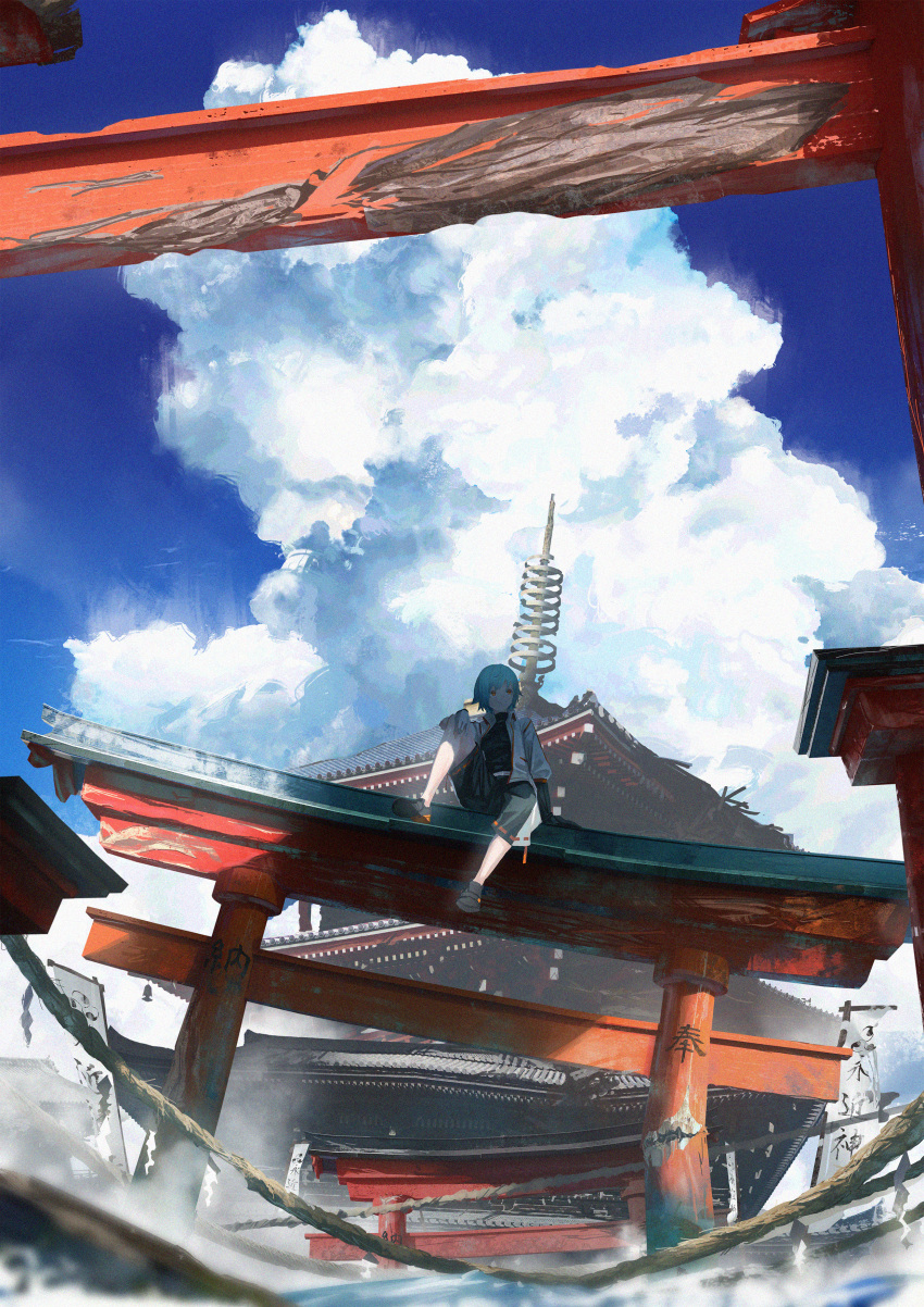 1other absurdres ambiguous_gender androgynous architecture arm_support banner black_footwear black_shirt black_shorts blue_hair blue_sky blurry blurry_foreground building clouds commentary_request cumulonimbus_cloud day east_asian_architecture film_grain gyoukan_(jfxc) highres jacket multiple_torii open_clothes open_jacket orange_eyes original outdoors pagoda rope ruins scenery shade shimenawa shirt short_hair shorts shrine sky solo sunlight torii two-tone_shorts white_jacket white_shorts wide_shot