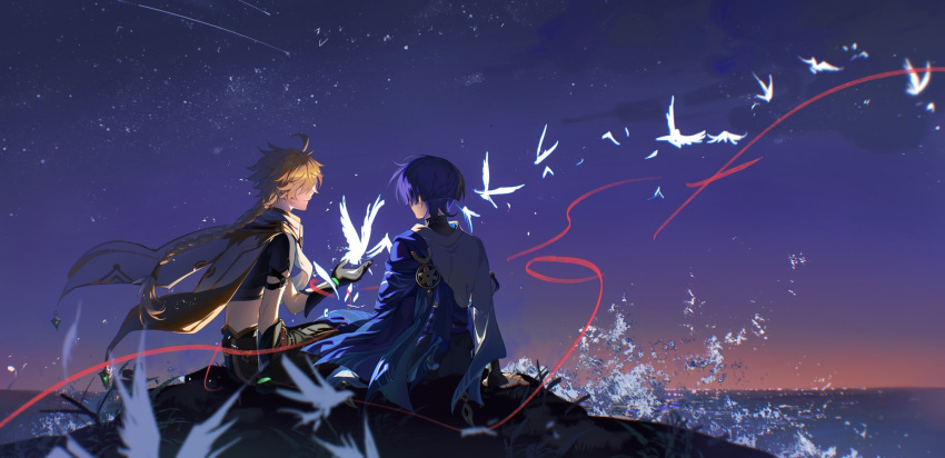 2boys aether_(genshin_impact) ahoge an_junjyue arm_armor back belt bird black_belt black_gloves black_pants black_shirt black_shorts blonde_hair blue_cape blunt_ends braid cape closed_mouth clouds elbow_gloves falling_star feather_hair_ornament feathered_wings feathers fingerless_gloves flower flying genshin_impact gloves gold_trim gradient_sky hair_between_eyes hair_ornament hand_up highres light long_hair looking_to_the_side multiple_boys night night_sky no_headwear ocean outdoors pants pink_sky purple_belt purple_hair purple_sky rock scaramouche_(genshin_impact) scarf shirt short_hair short_sleeves shorts sitting sky star_(sky) starry_sky vest wanderer_(genshin_impact) water white_scarf white_vest wings