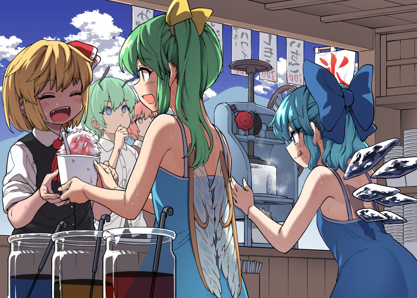 5girls absurdres animal_ears antennae bird_ears black_vest blonde_hair blue_bow blue_dress blue_eyes blue_hair blush bow brown_dress brown_eyes cirno closed_eyes closed_mouth collared_shirt commission daiyousei day dress fairy fairy_wings food food_stand fuuzasa green_eyes hair_bow hair_ribbon highres ice ice_wings long_hair multiple_girls mystia_lorelei open_mouth pink_hair red_ribbon ribbon rumia second-party_source sharp_teeth shaved_ice shirt short_hair short_sleeves side_ponytail skeb_commission smile team_9 teeth tongue tongue_out touhou vest white_shirt wings wriggle_nightbug yatai