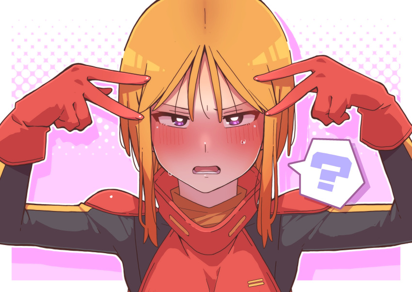 1girl ? absurdres blue_eyes blush bright_pupils commentary_request embarrassed emotional_engine_-_full_drive gloves gundam gundam_zz hand_gesture highres hoshino_ai's_pose looking_at_viewer onimaru_(onimal7802) open_mouth orange_hair oshi_no_ko pilot_suit puru_two short_hair sidelocks solo sweat upper_body white_pupils