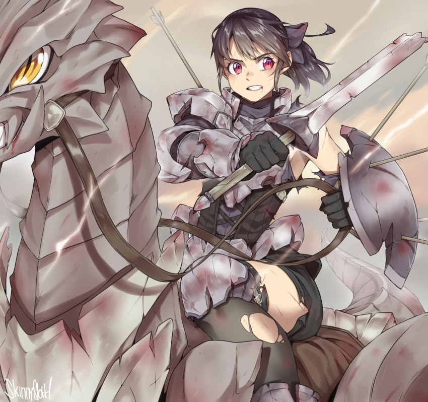 1girl arm_shield armor armored_boots arrow_(projectile) black_bow black_gloves black_hair black_shirt black_shorts black_thighhighs boots bow breastplate broken broken_armor broken_sword broken_weapon bruise clenched_teeth commentary couter crack dragon dragon_riding english_commentary faulds feet_out_of_frame gloves hair_bow highres holding holding_reins holding_sword holding_weapon injury knight long_sleeves looking_afar looking_to_the_side medium_hair original pauldrons poleyn ponytail red_eyes reins scar scar_on_arm scar_on_face scar_on_leg shirt shorts shoulder_armor signature skinnysloth slit_pupils solo sword teeth thigh-highs torn_clothes torn_shirt torn_shorts torn_thighhighs vambraces weapon yellow_eyes