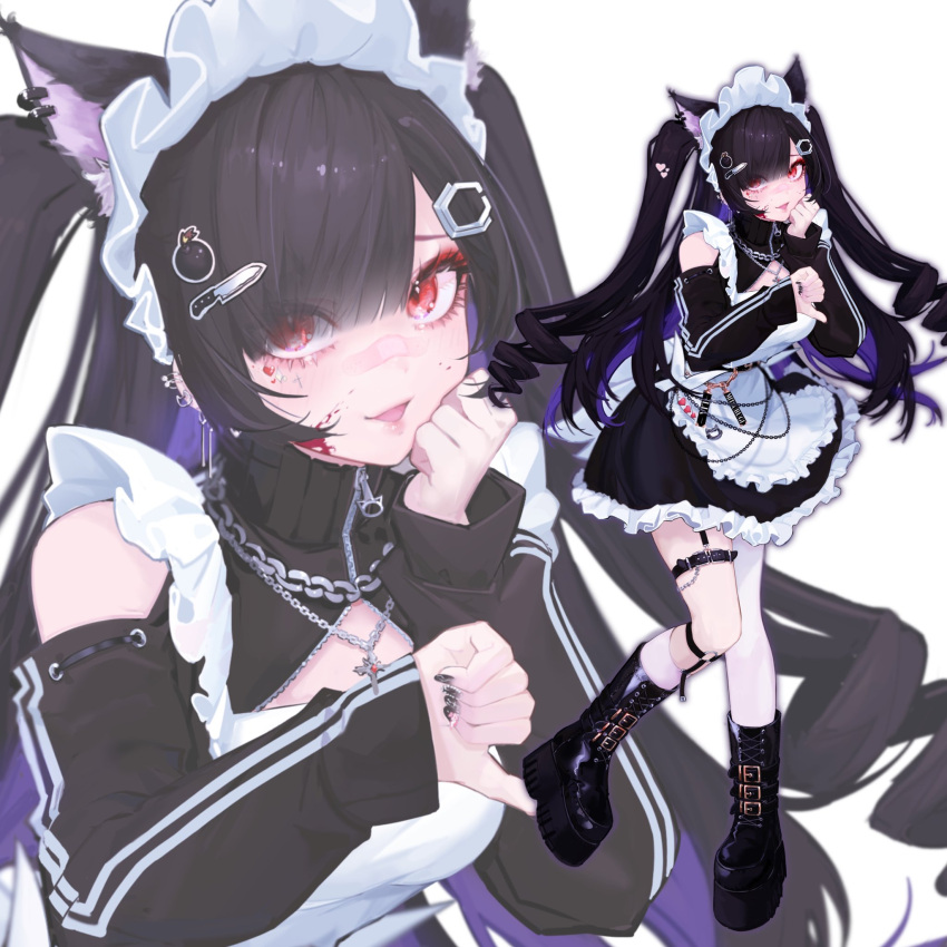 1girl :d alternate_costume animal_ear_fluff animal_ears apron asymmetrical_legwear bandaid bandaid_on_face bandaid_on_nose belt black_belt black_dress black_footwear black_hair black_nails blood blood_on_face blunt_bangs blush bomb_hair_ornament boots cat_ears chain chain_necklace cleavage_cutout clothing_cutout colored_inner_hair commentary_request cross cross-laced_footwear cross_necklace detached_sleeves dress drill_hair enmaided eyes_visible_through_hair facial_mark frilled_dress frills frown full_body garter_straps hair_ornament hand_on_own_cheek hand_on_own_face hands_up heart heart_facial_mark heart_hair_ornament hexagon hexagon_hair_ornament highres jewelry kneehighs knife_hair_ornament leg_belt legwear_garter long_hair looking_at_viewer maid maid_apron maid_headdress mitsurugi_lia multicolored_hair multiple_belts nail_polish name_tag necklace o-ring official_art platform_footwear purple_hair rakugaki_suruhito red_eyes red_nails second-party_source single_kneehigh single_sock single_thighhigh sleeveless sleeveless_dress slit_pupils smile socks solo spikes standing thigh-highs thigh_belt thigh_strap thumbs_down turtleneck_dress twin_drills twintails two_side_up unconventional_maid uneven_legwear virtual_youtuber wactor_production white_apron white_background white_socks white_thighhighs zipper zipper_pull_tab zoom_layer