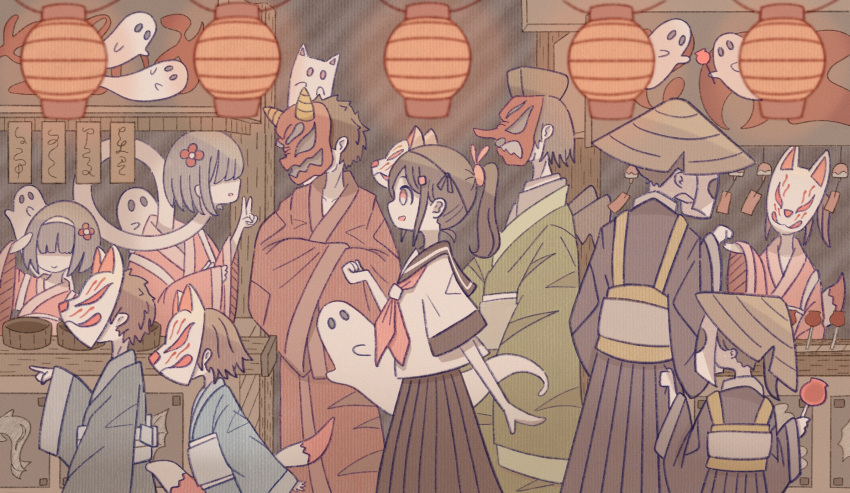 1girl 5boys 5girls :d black_eyes blue_kimono blunt_bangs blunt_ends bob_cut brown_hair candy_apple cathead clenched_hand closed_mouth commentary_request cowboy_shot facing_viewer festival flower food food_stand fox_mask fox_tail from_side ghost green_kimono grey_hair grey_kimono hair_flower hair_ornament hair_over_eyes hairband hand_to_head hand_up hat highres holding japanese_clothes kimono kimono_skirt lantern long_neck long_sleeves looking_at_another mask multiple_boys multiple_girls neckerchief no_fingers omochi_noa oni_mask open_mouth orange_kimono original paper_lantern pleated_skirt pointing ponytail profile quad_tails red_eyes red_flower red_kimono red_neckerchief red_sailor_collar rice_hat rokurokubi sailor_collar school_uniform serafuku short_hair short_sleeves sidelocks sideways_mouth skirt skirt_grab smile solid_oval_eyes standing swept_bangs tail tengu_mask tokin_hat traditional_youkai v very_short_hair wide_sleeves yatai