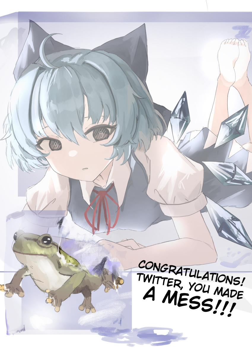 1girl absurdres ahoge animal barefoot blue_bow blue_dress blue_hair blush bow cirno collared_shirt commentary detached_wings dress english_commentary english_text fairy frog frozen_frog hair_between_eyes hair_bow highres ice ice_wings looking_at_viewer lying on_stomach open_mouth ougiikun pinafore_dress shirt short_hair short_sleeves simple_background sleeveless sleeveless_dress solo the_pose touhou white_background white_shirt wings