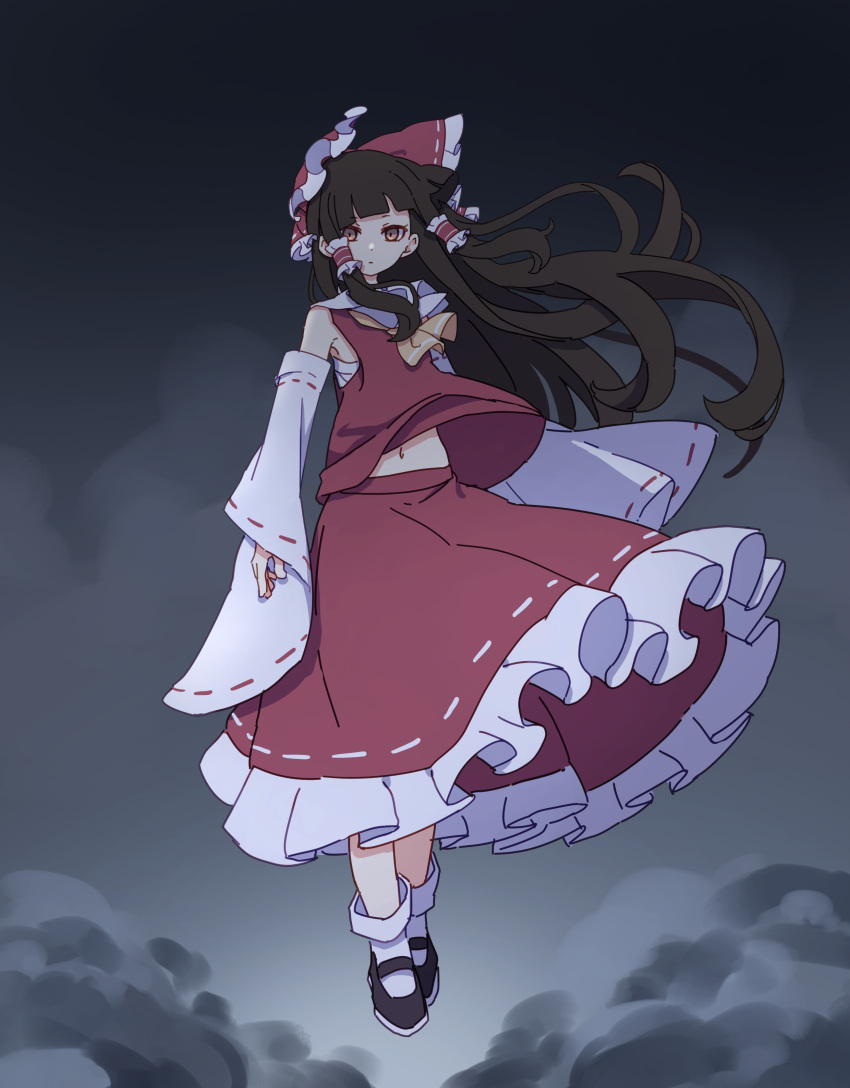 1girl absurdres ascot bare_shoulders black_footwear bow brown_eyes brown_hair closed_mouth detached_sleeves frilled_skirt frills full_body hair_bow hair_tubes hakurei_reimu highres japanese_clothes kame_(kamepan44231) long_hair navel nontraditional_miko red_bow red_skirt ribbon-trimmed_sleeves ribbon_trim shoes sidelocks skirt socks solo touhou white_sleeves white_socks wide_sleeves yellow_ascot