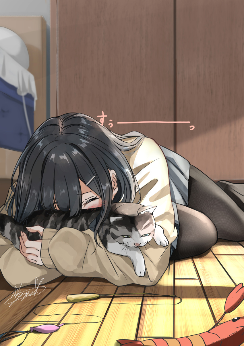 1girl animal_hug black_hair black_pantyhose blurry blurry_background blush brown_sweater cat closed_eyes commentary_request day grey_skirt hair_ornament hairclip highres indoors long_hair long_sleeves lying on_floor on_ground original pantyhose pleated_skirt school_uniform signature skirt sleeves_past_wrists solo soragane_(banisinngurei) sunlight sweater translation_request uniform