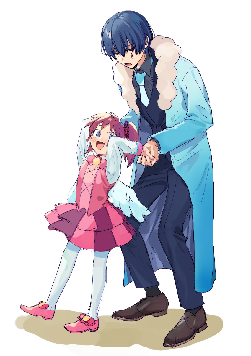 1boy 1girl :d absurdres age_difference black_socks blue_coat blue_eyes blue_hair blue_necktie blue_pants blue_shirt blue_vest brown_footwear coat collared_shirt commentary_request dress e.g.o_(project_moon) employee_(lobotomy_corporation) fur-trimmed_coat fur_trim grey_eyes highres holding_hands layered_skirt lobotomy_corporation long_sleeves medu_(rubish) neck_ribbon necktie open_clothes open_coat open_mouth pants pantyhose pink_dress pink_footwear pink_hair pink_ribbon pink_shirt pleated_skirt project_moon ribbon shirt shoes short_hair short_twintails sketch skirt smile socks teardrop_facial_mark twintails vest white_background white_pantyhose