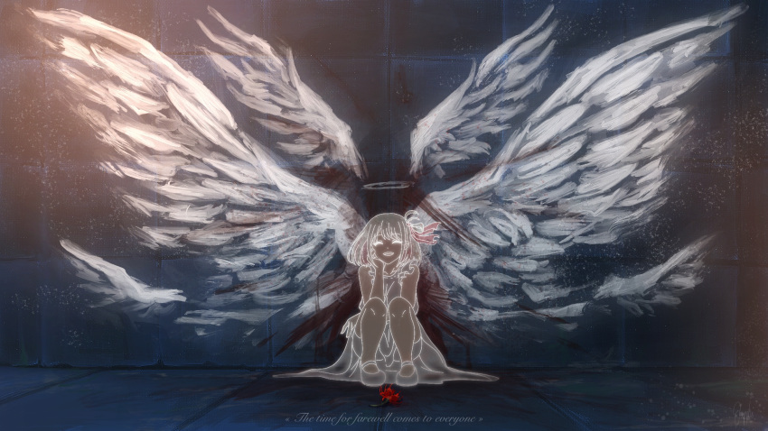 1girl angel_wings artist_name blood blood_on_ground blood_on_wall closed_eyes commentary_request dress floating_hair flower frilled_dress frills ghost hair_ribbon halo head_rest highres kuromahikaren light_particles lycoris_recoil nishikigi_chisato no_humans one_side_up open_mouth red_ribbon ribbon short_hair sleeveless sleeveless_dress smile solo spider_lily squatting variant_set wings