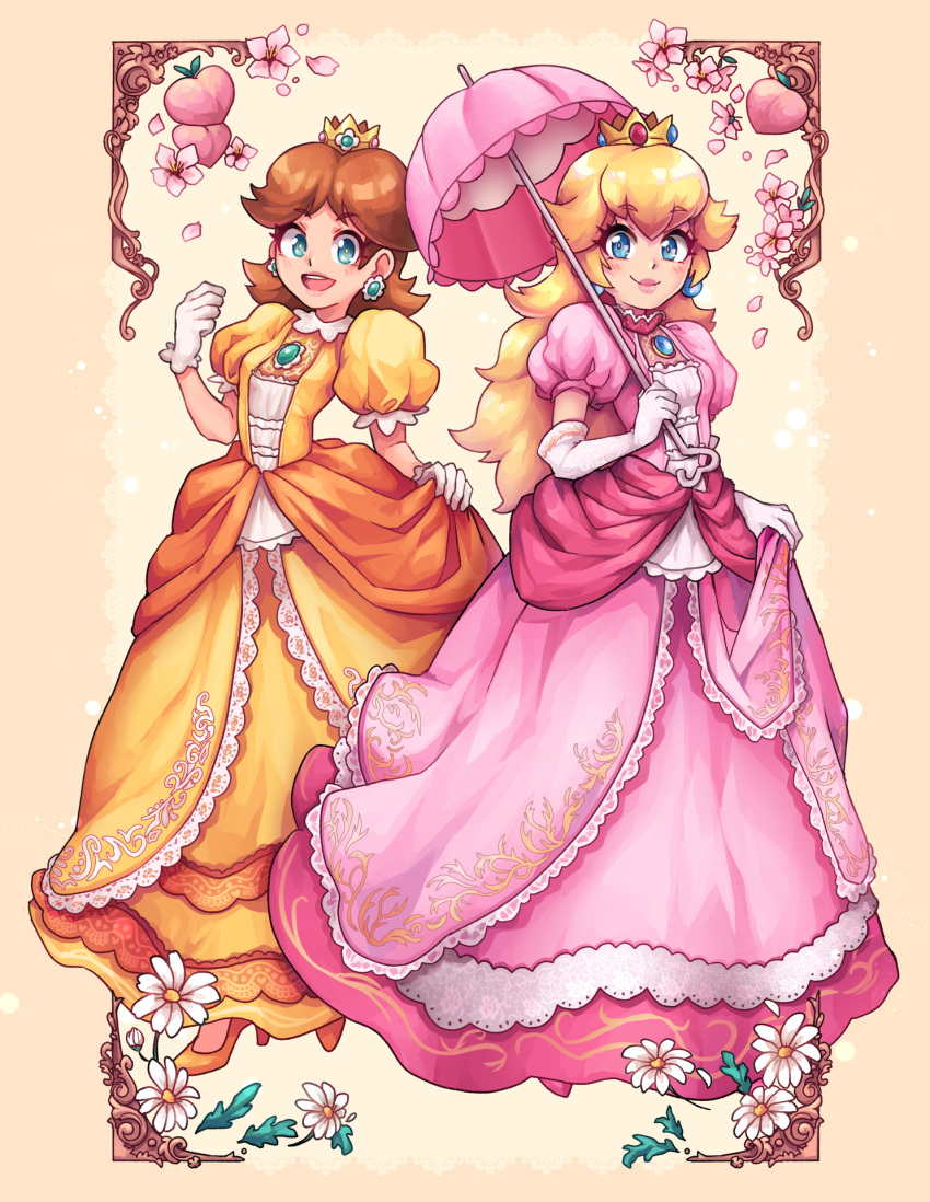 2girls :d akuo aqua_eyes blonde_hair blue_eyes blush border breasts brooch brown_hair closed_mouth crown daisy dress earrings elbow_gloves flipped_hair flower food frilled_dress frills fruit full_body gem gloves hair_between_eyes high_heels highres holding holding_umbrella jewelry lips long_dress long_hair looking_at_viewer medium_breasts mini_crown multiple_girls official_alternate_costume open_mouth outside_border parasol parted_bangs peach pink_dress pink_flower pink_lips princess_daisy princess_peach puffy_short_sleeves puffy_sleeves shoes short_sleeves skirt_hold smile standing super_mario_bros. super_smash_bros. teeth tongue umbrella upper_teeth_only white_gloves yellow_background yellow_dress