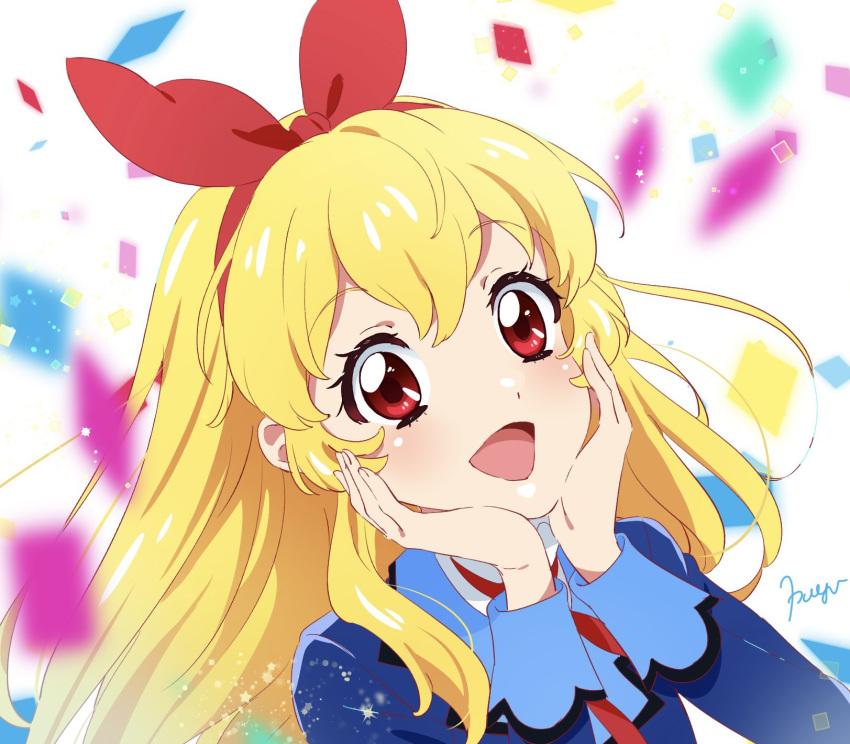 1girl :d aikatsu! aikatsu!_(series) blonde_hair blue_jacket blush bow commentary_request hair_bow hairband hands_on_own_face highres hoshimiya_ichigo jacket long_hair long_sleeves looking_at_viewer neck_ribbon open_mouth payacoxx red_eyes red_hairband red_ribbon ribbon school_uniform smile solo starlight_academy_school_uniform upper_body