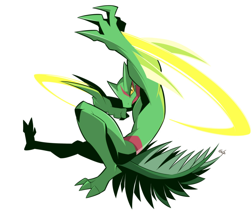 claws clenched_hand colored_sclera full_body glaucosilvaart looking_at_viewer no_humans pokemon pokemon_(creature) sceptile simple_background slashing solo white_background yellow_sclera