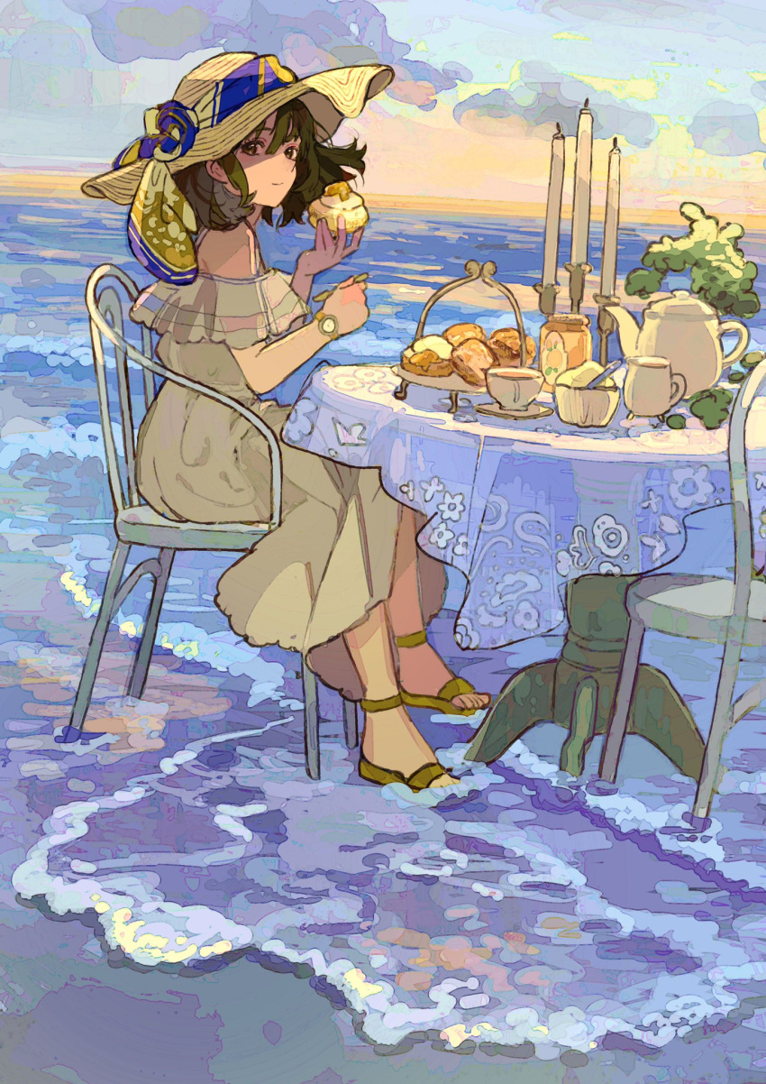 1girl black_hair brown_eyes brown_footwear candle candlestand closed_mouth clouds commentary_request cup dress food grey_dress hair_between_eyes highres holding holding_food horizon ocean off-shoulder_dress off_shoulder original outdoors qooo003 sandals saucer sky smile solo sunset table tablecloth teacup teapot watch watch water