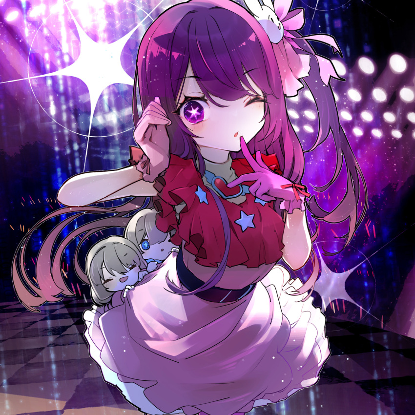 1boy 2girls :o audience belt black_belt blonde_hair blue_eyes blush brooch closed_eyes cowboy_shot dress finger_to_mouth frilled_dress frilled_gloves frills gloves glowstick hair_between_eyes hair_ornament hair_ribbon hands_up heart heart_brooch highres hoshino_ai_(oshi_no_ko) hoshino_aquamarine hoshino_ruby idol idol_clothes jewelry light_particles long_hair looking_at_viewer mother_and_daughter mother_and_son multiple_girls one_eye_closed one_side_up oshi_no_ko pink_dress pink_gloves pink_ribbon purple_hair rabbit_hair_ornament red_ribbon ribbon saya_(sayaya) short_hair siblings sidelocks silhouette sleeveless sleeveless_dress smile solo_focus sparkle stage_lights swept_bangs symbol-shaped_pupils turtleneck_dress twins violet_eyes