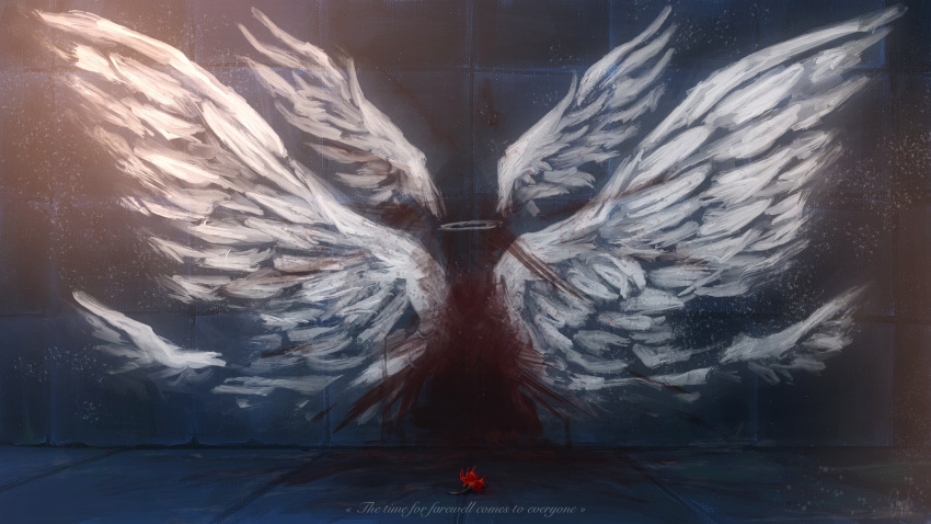 angel_wings artist_name blood blood_on_ground blood_on_wall commentary_request english_text flower halo highres kuromahikaren light_particles lycoris_recoil no_humans spider_lily variant_set wings