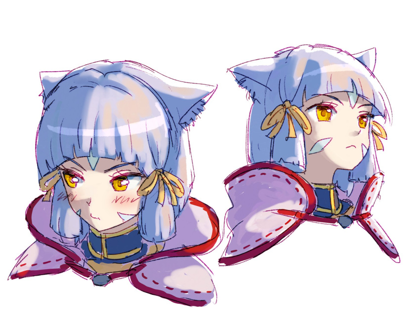 1girl animal_ears blunt_bangs blush cat_ears cat_girl closed_mouth english_commentary facial_mark frown grey_hair hair_ribbon highres looking_to_the_side nia_(xenoblade) ribbon short_hair simple_background solo white_background xenoblade_chronicles_(series) xenoblade_chronicles_2 yellow_eyes yellow_pupils yellow_ribbon zawabug