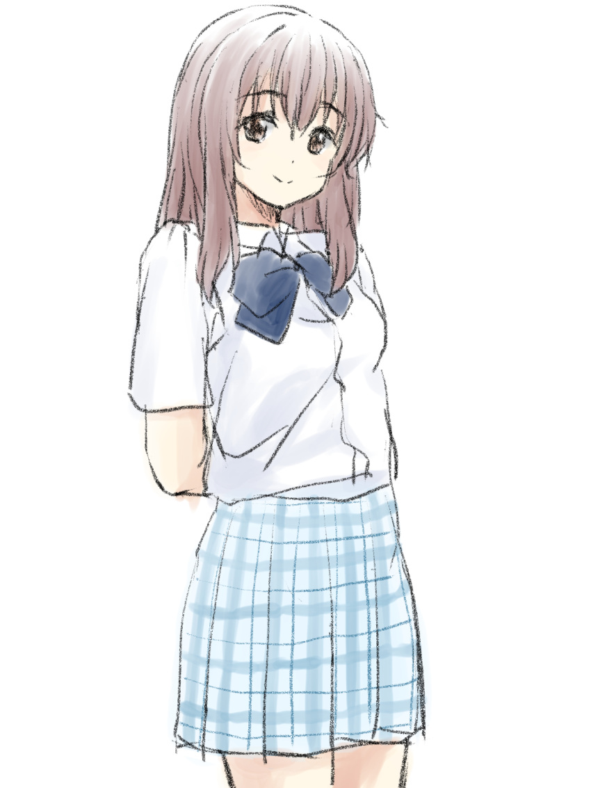 1girl arms_behind_back blue_bow blue_skirt bow brown_eyes brown_hair closed_mouth collared_shirt commentary_request dress_shirt highres koe_no_katachi long_hair mitsuhiro-510-goto nishimiya_shouko plaid plaid_skirt pleated_skirt school_uniform shirt simple_background sketch skirt smile solo white_background white_shirt