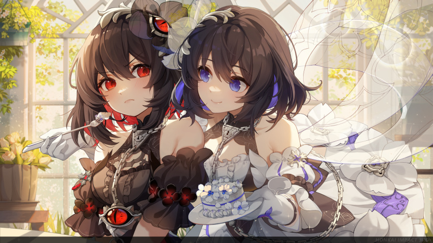 2girls bare_shoulders black_dress black_hair black_headwear blue_eyes blue_hair blush breasts cake chain chinese_commentary closed_mouth colored_inner_hair day detached_sleeves dress dual_persona feeding flower food fork gloves hair_between_eyes hair_flower hair_ornament highres holding holding_fork holding_plate honkai_(series) honkai_impact_3rd indoors lock logo looking_at_another medium_breasts multicolored_hair multiple_girls official_art plant plate red_eyes redhead seele_(alter_ego) seele_vollerei seele_vollerei_(stygian_nymph) short_hair smile tsundere upper_body v-shaped_eyebrows white_dress white_gloves white_headwear window