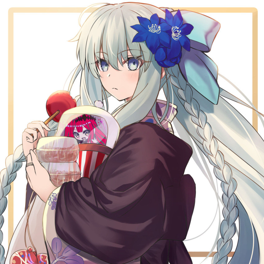 1girl blue_bow blue_eyes blue_flower blush bow braid candy_apple character_print closed_mouth commentary_request fairy_knight_tristan_(fate) fate/grand_order fate_(series) floral_print flower food grey_hair hair_bow hair_flower hair_ornament highres holding holding_food japanese_clothes kimono long_hair looking_at_viewer morgan_le_fay_(fate) neko_daruma official_alternate_costume ponytail solo twin_braids very_long_hair