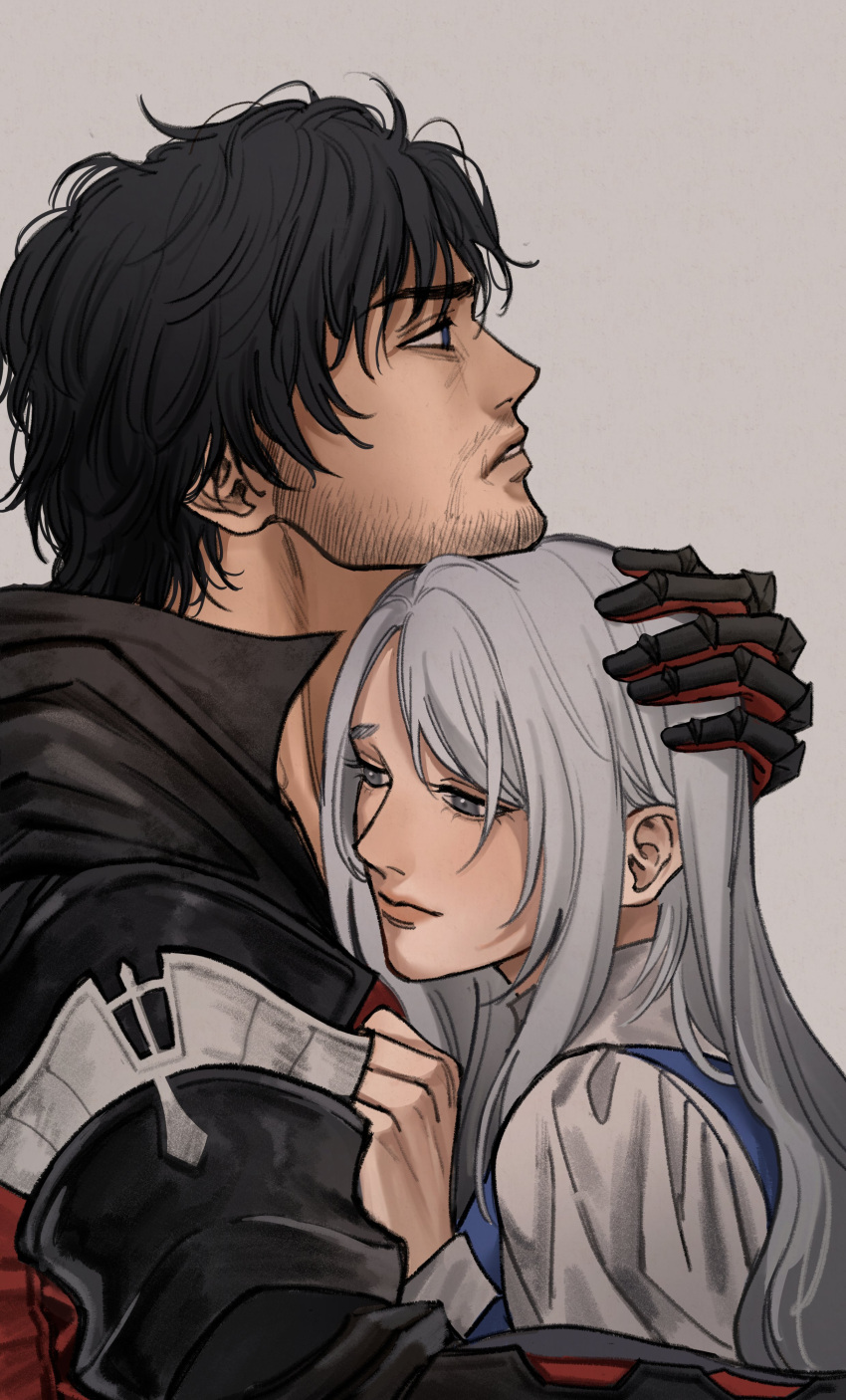 1boy 1girl absurdres black_hair blue_eyes blue_vest clive_rosfield couple doopee205 expressionless facial_hair final_fantasy final_fantasy_xvi grey_hair head_on_head head_rest height_difference highres hug jill_warrick long_hair looking_afar male_focus profile puffy_sleeves short_hair simple_background upper_body vest