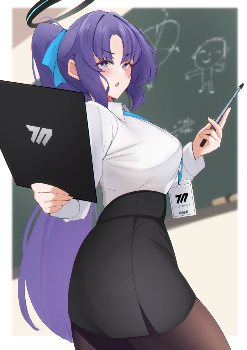 absurdres blue_archive breasts classroom highres long_hair looking_at_viewer maruneco pantyhose pencil_skirt ponytail shirt skirt teacher thighs white_shirt yuuka_(blue_archive)