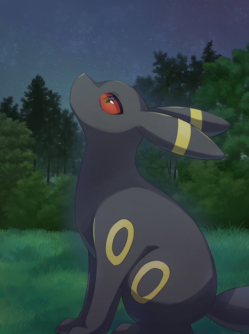 absurdres black_eyes black_fur bush colored_sclera highres looking_up mochizuki_reiji night night_sky no_humans on_grass outdoors pokemon pokemon_(creature) red_sclera sitting sky solo star_(sky) tree umbreon