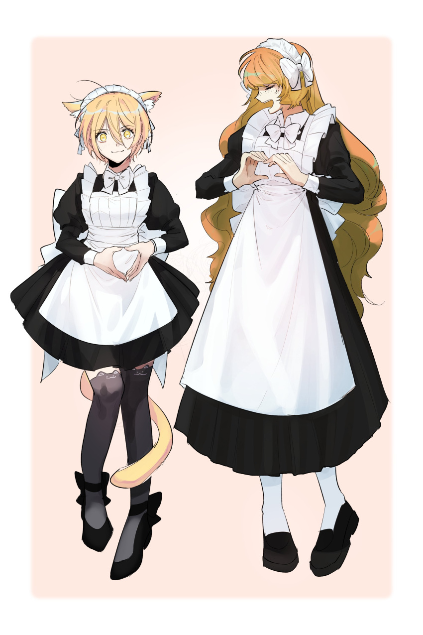 2girls absurdres alternate_costume anger_vein animal_ear_fluff animal_ear_legwear animal_ears apron back_bow black_dress black_footwear black_thighhighs blonde_hair bow cat_ear_legwear cat_ears cat_tail closed_eyes closed_mouth collared_dress don_quixote_(limbus_company) dress enmaided footwear_bow freckles frilled_apron frills full_body hair_between_eyes heart heart_hands highres ishmael_(limbus_company) juliet_sleeves kemonomimi_mode korean_commentary limbus_company loafers long_dress long_hair long_sleeves looking_at_viewer maid maid_headdress multiple_girls open_mouth orange_eyes project_moon puffy_sleeves shoes short_hair simple_background smile socks standing tail thigh-highs very_long_hair vvindyday white_apron white_bow white_socks yellow_eyes