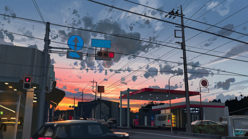 absurdres banishment blue_sky building car clouds evening gas_station gradient_sky highres motor_vehicle no_humans orange_sky original outdoors power_lines road road_sign scenery sign sky street traffic_light utility_pole