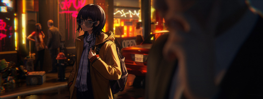 2boys 2girls absurdres backpack bag black_hair blurry blurry_background blurry_foreground brown_coat building car city coat glasses highres motor_vehicle multiple_boys multiple_girls night original outdoors plaid plaid_scarf scarf short_hair solo_focus wang-xi white_scarf