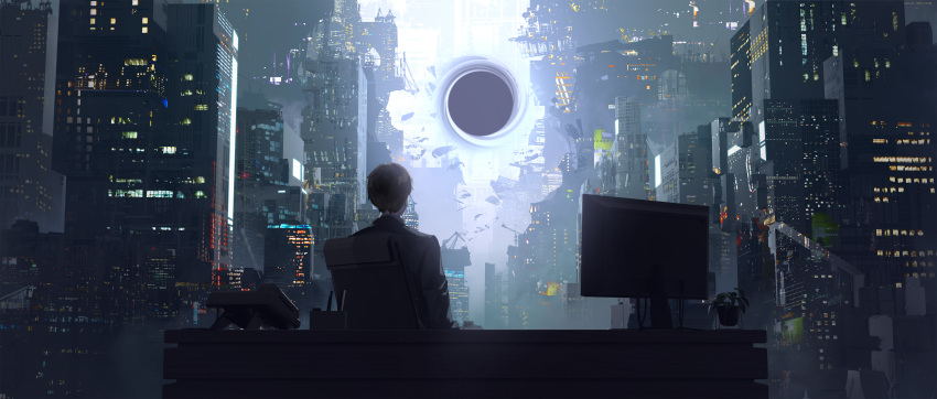 1boy absurdres black_hole building chair cityscape commentary commission desk english_commentary from_behind gyoukan_(jfxc) highres monitor original phone pixiv_commission plant potted_plant ruins scenery science_fiction short_hair silhouette skyscraper stationery suit surreal wide_shot