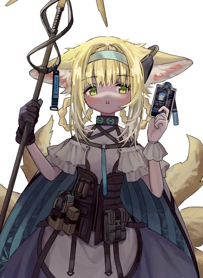 1girl :o animal_ears arknights black_corset black_gloves blonde_hair blue_cape blue_hairband blush braided_hair_rings cape card chinese_commentary commentary_request corset cowboy_shot dress earpiece ears_down fox_ears fox_girl gloves green_eyes hairband halterneck hands_up highres holding holding_card holding_staff id_card infection_monitor_(arknights) kitsune looking_at_viewer multicolored_cape multicolored_clothes multicolored_dress multiple_tails neko_yeye open_mouth purple_dress simple_background single_glove solo staff straight-on suzuran_(arknights) tail white_background white_cape white_dress