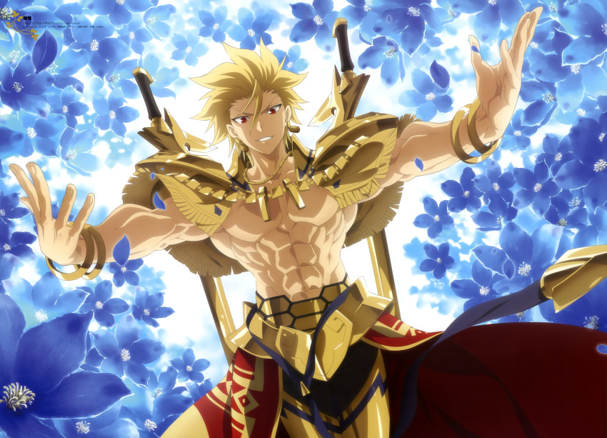 absurdres armor artbook bangle bare_pectorals bellflower blonde_hair blue_flower bracelet chinese_bellflower cuisses earrings fate/prototype fate_(series) floral_background flower gilgamesh_(fate/prototype) gold_trim hair_between_eyes highres jewelry morita_kazuaki multiple_swords muscular muscular_male official_art outstretched_arms pauldrons pectorals scan shoulder_armor standing sword waist_cape weapon