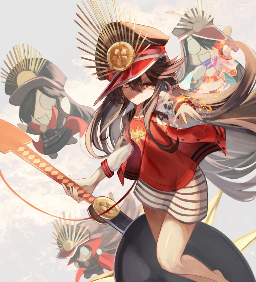 buster_shirt family_crest fate/grand_order fate_(series) fire guitar hair_between_eyes hat headphones headphones_around_neck highres instrument long_hair m0_chi military_hat oda_nobunaga oda_nobunaga_(fate) oda_nobunaga_(swimsuit_berserker)_(fate) oda_uri peaked_cap red_eyes simple_background skirt striped striped_skirt very_long_hair white_background