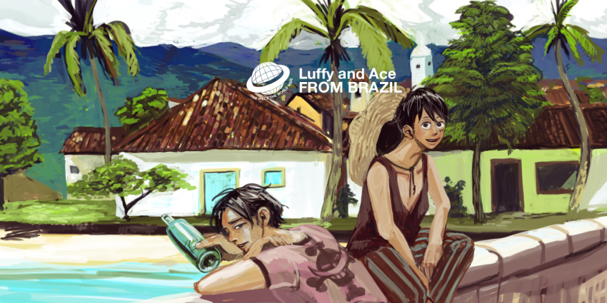 2boys alternate_costume black_hair bottle brazil brothers character_name family freckles hat hat_removed headwear_removed holding holding_bottle house jolly_roger looking_at_viewer monkey_d._luffy motch225 multiple_boys one_piece open_mouth outdoors palm_tree portgas_d._ace short_hair siblings sitting smile straw_hat tree water