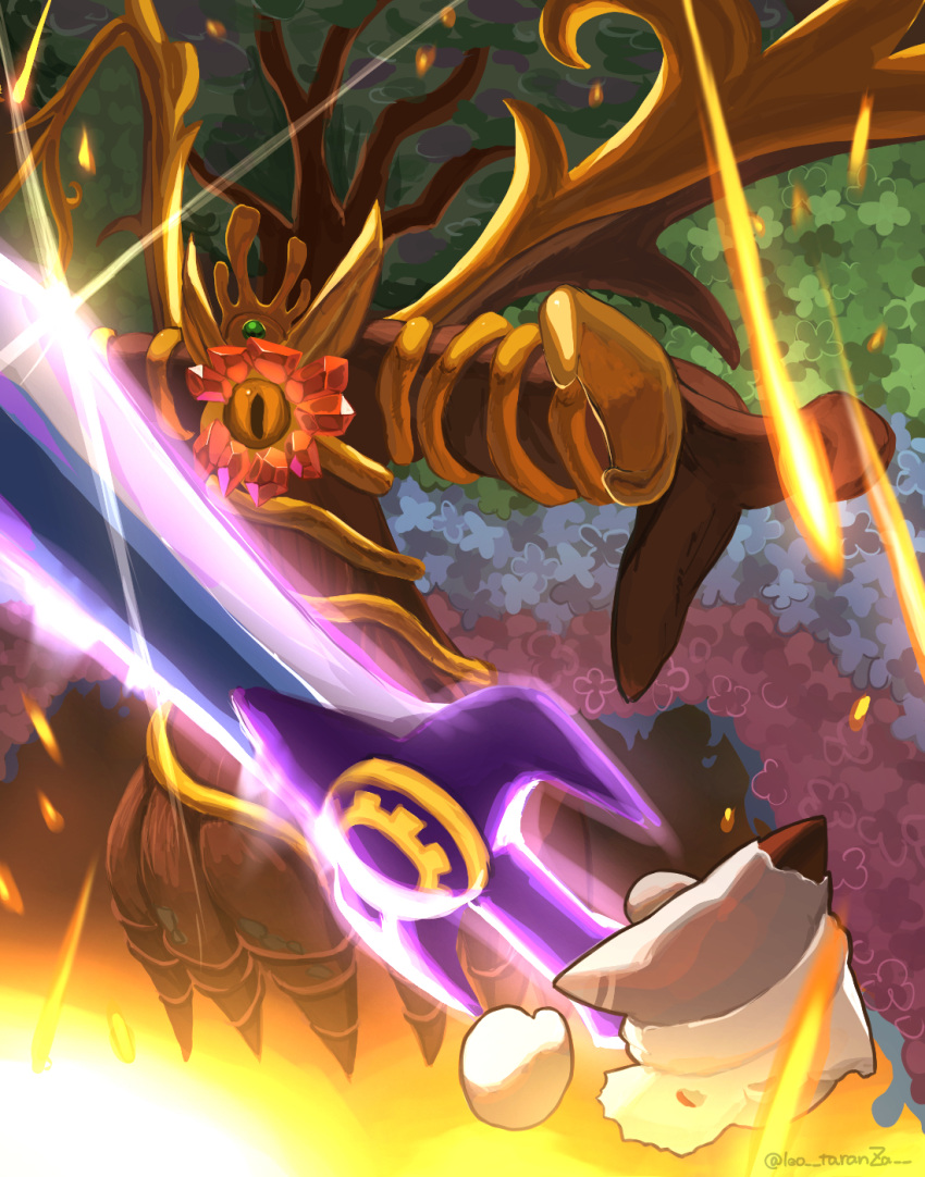 1boy 1other disembodied_limb embers gloves highres huge_weapon kirby's_return_to_dream_land kirby's_return_to_dream_land_deluxe kirby_(series) leo_taranza magolor master_crown master_crown_(tree) no_humans one-eyed spoilers sword torn_clothes tree twitter_username weapon wings