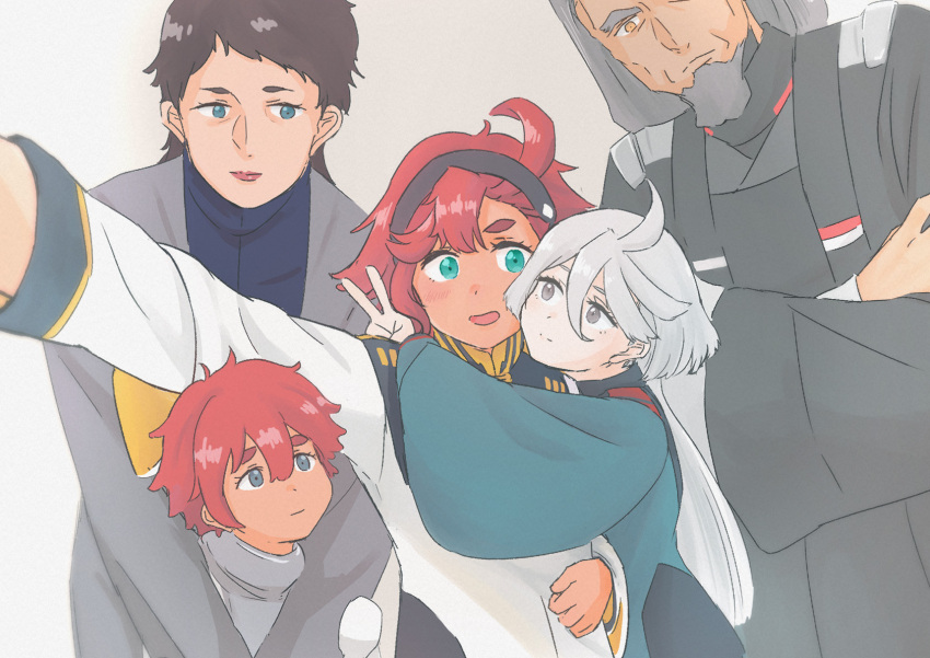 1boy 4girls ahoge aqua_eyes asticassia_school_uniform beard black_hairband blue_eyes blue_jacket blush closed_mouth crossed_arms delling_rembran ericht_samaya facial_hair father_and_daughter grey_eyes grey_hair grey_jacket gundam gundam_suisei_no_majo hair_between_eyes hairband highres hug jacket long_hair long_sleeves looking_at_another miorine_rembran mother_and_daughter multiple_girls old old_man open_mouth pink_lips prospera_mercury re_aji_ck redhead school_uniform short_hair simple_background smile suletta_mercury swept_bangs taking_picture thick_eyebrows v white_jacket wide_sleeves yellow_eyes