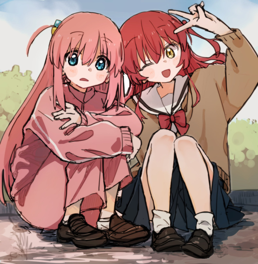 2girls arm_up black_footwear blue_eyes blue_skirt blue_sky blush bocchi_the_rock! bow bowtie brown_footwear bush clouds cloudy_sky dot_nose facing_viewer frown full_body fxxk_pote10 gotou_hitori hair_between_eyes hand_on_own_arm head_tilt highres hugging_own_legs jacket kita_ikuyo knees_up long_hair looking_at_viewer multiple_girls one_eye_closed one_side_up open_mouth outdoors pants pink_hair pink_jacket pink_pants pleated_skirt raised_eyebrows red_bow redhead sailor_collar shoes sidelocks sitting skirt sky smile socks track_jacket v very_long_hair white_socks worried yellow_eyes