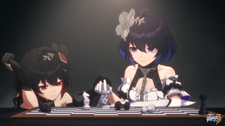 absurdres ahoge bare_shoulders bishop_(chess) black_gloves black_hair black_headwear blue_eyes blue_hair board_game chain chess chess_piece chinese_commentary collarbone detached_sleeves dress dual_persona flower gloves hair_flower hair_ornament hand_grab highres honkai_(series) honkai_impact_3rd knight_(chess) lock logo looking_down multicolored_hair official_art official_wallpaper playing_games queen_(chess) red_eyes redhead rook_(chess) seele_(alter_ego) seele_vollerei seele_vollerei_(stygian_nymph) short_hair sitting smile upper_body white_dress white_footwear white_gloves white_headwear