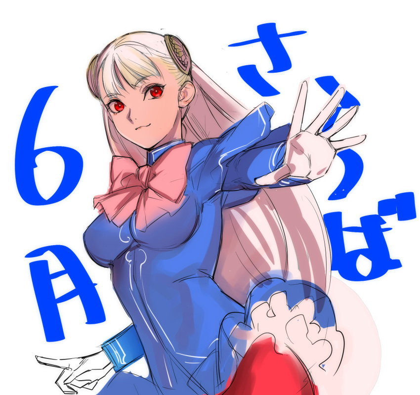 1girl blue_jacket capcom_fighting_jam commentary_request gloves hairpods highres ingrid_(capcom) jacket long_hair outstretched_hand pantyhose pink_ribbon red_eyes red_pantyhose ribbon sketch smile solo tetsu_(kimuchi) white_gloves white_hair