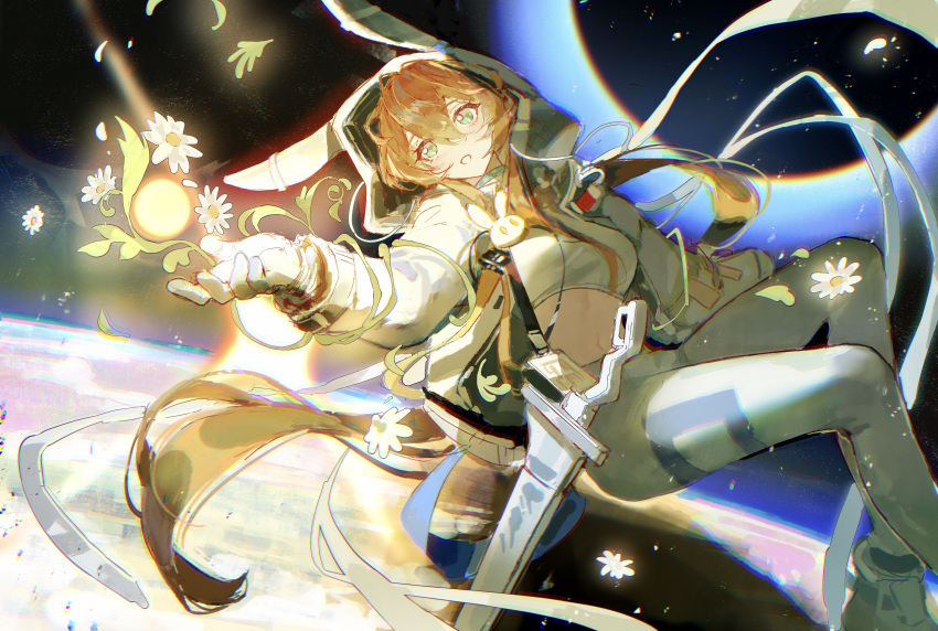 1girl absurdres amiya_(arknights) amiya_(guard)_(touch_the_stars)_(arknights) animal_hood arknights brown_hair crop_top dalujiadebianyuan flower foot_out_of_frame gloves green_eyes highres hood hood_up hooded_jacket jacket long_hair long_sleeves looking_at_viewer official_alternate_costume open_clothes open_jacket pants parted_lips planet rabbit_hood rabbit_ornament sheath sheathed solo space sword very_long_hair weapon white_flower white_footwear white_gloves white_pants