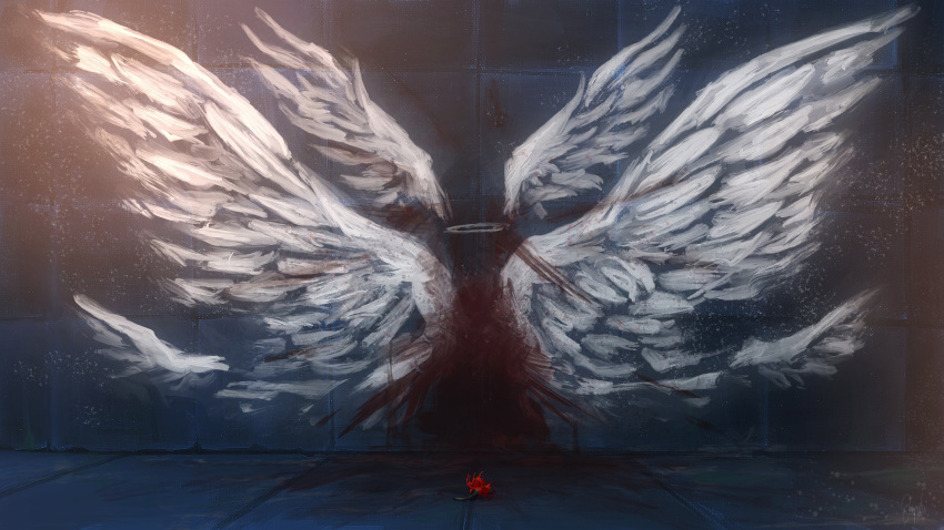 angel_wings artist_name blood blood_on_ground blood_on_wall commentary_request flower halo highres kuromahikaren light_particles lycoris_recoil no_humans spider_lily variant_set wings