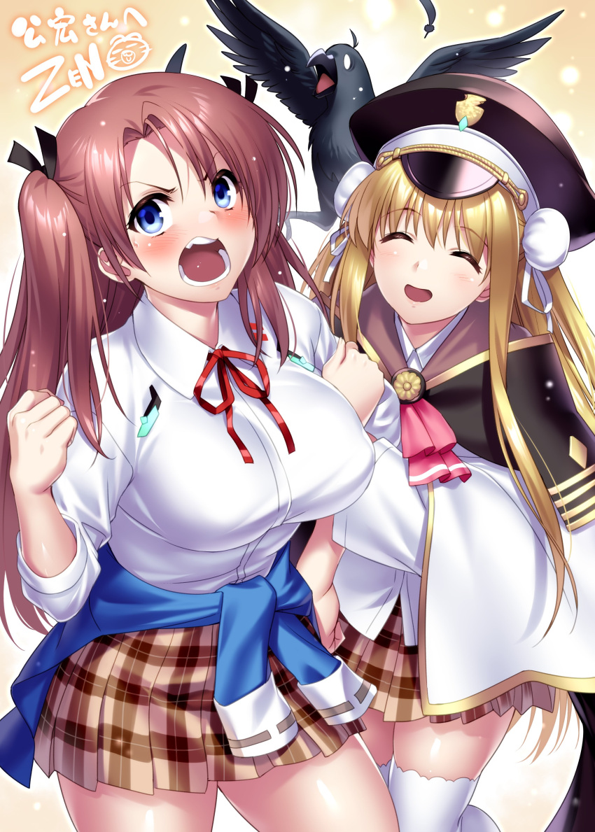 2girls :d ^_^ absurdres aikawa_megumi aikawa_megumi_(cosplay) air_(visual_novel) angry arm_hug black_headwear black_ribbon blonde_hair blue_eyes blush breasts brown_hair brown_skirt capelet closed_eyes collared_shirt commentary_request commission company_connection cosplay cowboy_shot double_bun eyelashes eyes_visible_through_hair fang green_ribbon hair_between_eyes hair_bun hand_up heaven_burns_red highres kamio_haruko kamio_misuzu key_(company) large_breasts long_hair long_sleeves looking_at_animal miniskirt mother_and_daughter multiple_girls open_mouth plaid plaid_skirt pleated_skirt red_ribbon ribbon second-party_source shiny_skin shirt sidelocks signature simple_background skeb_commission skirt sleeves_rolled_up smile standing teeth thigh-highs two_side_up v-shaped_eyebrows very_long_hair white_capelet white_shirt white_thighhighs yellow_background zen_(kamuro) zettai_ryouiki