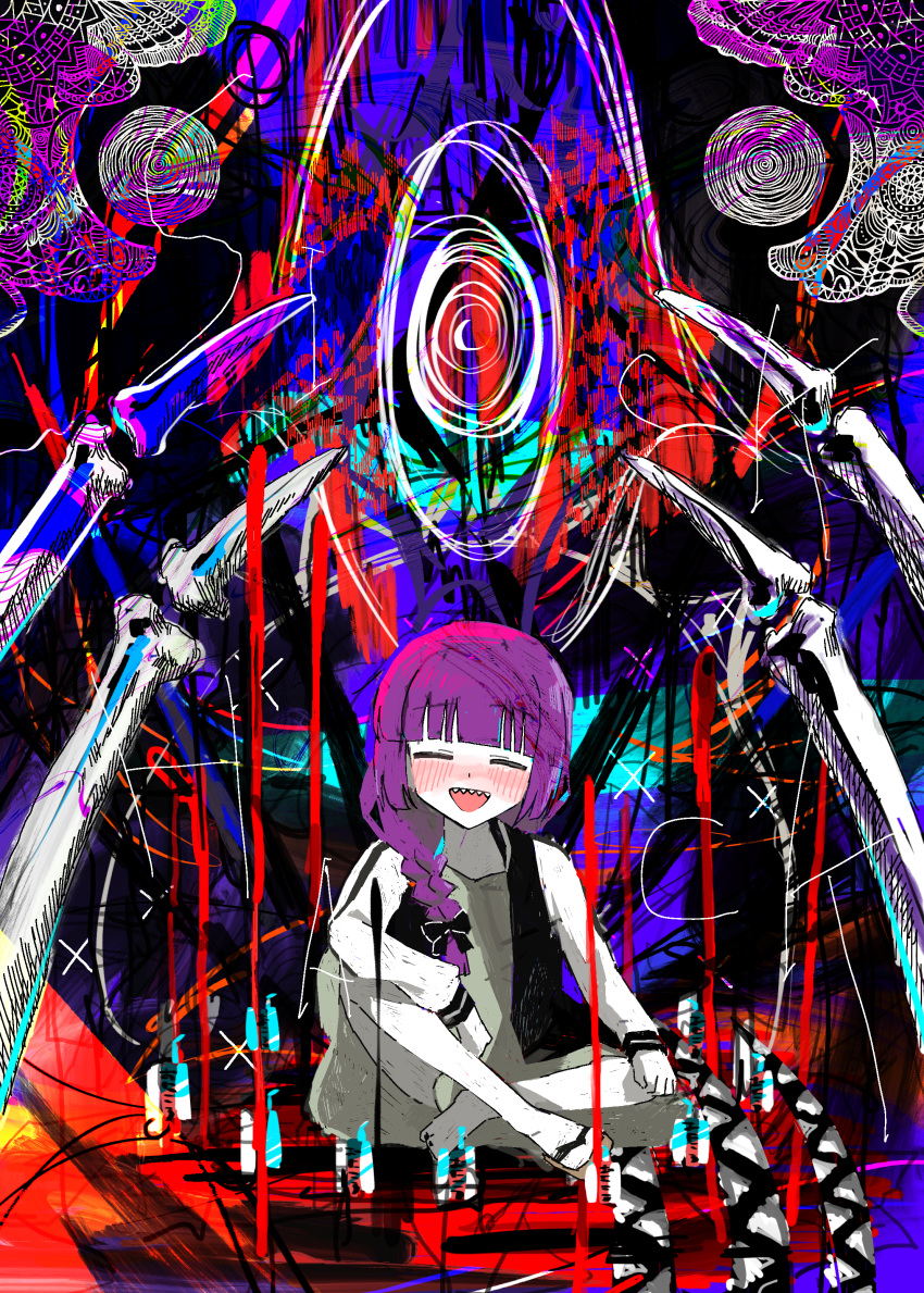 1girl abstract_background absurdres black_bow black_jacket black_nails blunt_bangs blush bocchi_the_rock! bow braid closed_eyes commentary dress drunk green_dress hair_bow highres hiroi_kikuri indian_style jacket long_hair multicolored_clothes multicolored_jacket nail_polish nowoka open_mouth purple_hair raglan_sleeves romaji_commentary sandals sharp_teeth sitting smile solo teeth two-tone_jacket upper_teeth_only white_jacket