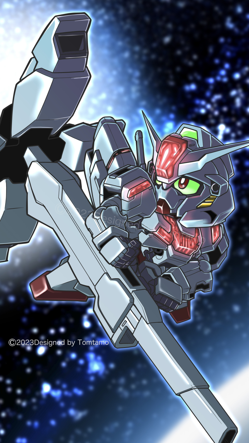 absurdres artist_name beam_cannon chibi colored_sclera commentary energy_cannon english_text glowing green_sclera gundam gundam_calibarn gundam_suisei_no_majo highres holding holding_cannon holding_weapon mecha mobile_suit no_humans red_eyes robot science_fiction sd_gundam thrusters tomutamo v-fin watermark weapon