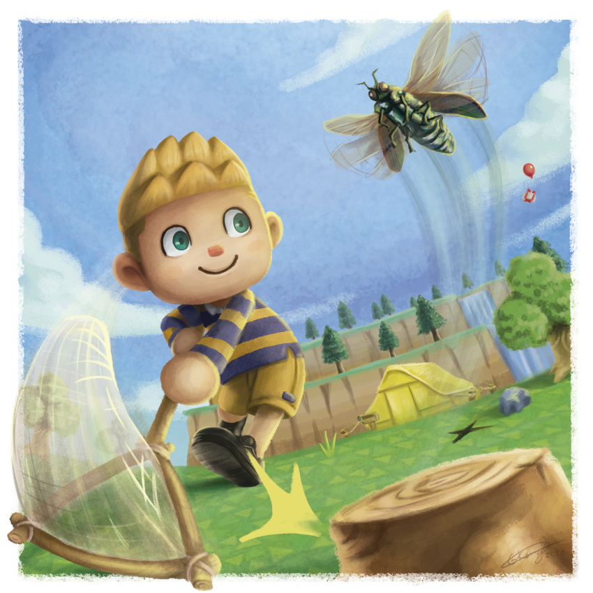 1boy animal_crossing balloon black_footwear blonde_hair blue_sky border bug butterfly_net cicada clouds english_commentary gift giulliano_kenzo green_eyes hand_net highres holding holding_butterfly_net male_focus pine_tree pitfall rock shirt short_hair shorts signature sky smile striped striped_shirt tent tree tree_stump villager_(animal_crossing) water waterfall white_border yellow_shorts