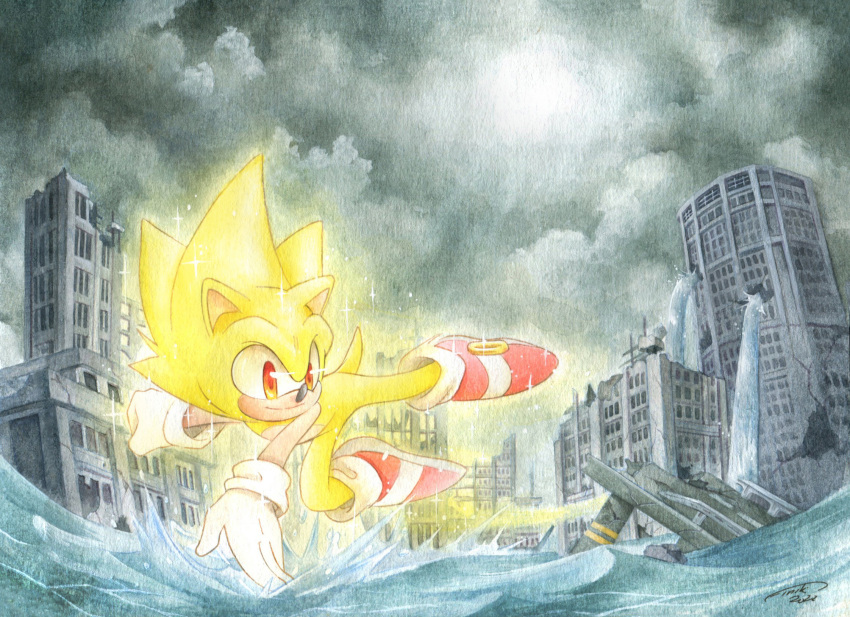 1boy city clouds cloudy_sky destroyed finik flying gloves grey_sky highres outdoors shoes sky solo sonic_(series) sonic_the_hedgehog super_sonic water white_gloves