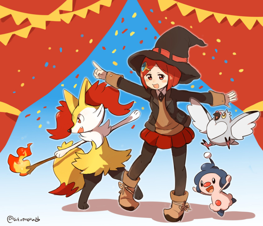 1girl atomaru black_pantyhose blush boots braixen brown_footwear brown_jacket brown_sweater_vest collared_shirt confetti crossover danganronpa_(series) danganronpa_v3:_killing_harmony dot_nose hat highres holding holding_stick index_finger_raised jacket long_sleeves mime_jr. miniskirt pantyhose pidove pokemon red_curtains red_eyes red_skirt redhead shirt skirt stage_curtains stick string_of_flags sweater_vest twitter_username witch_hat yumeno_himiko