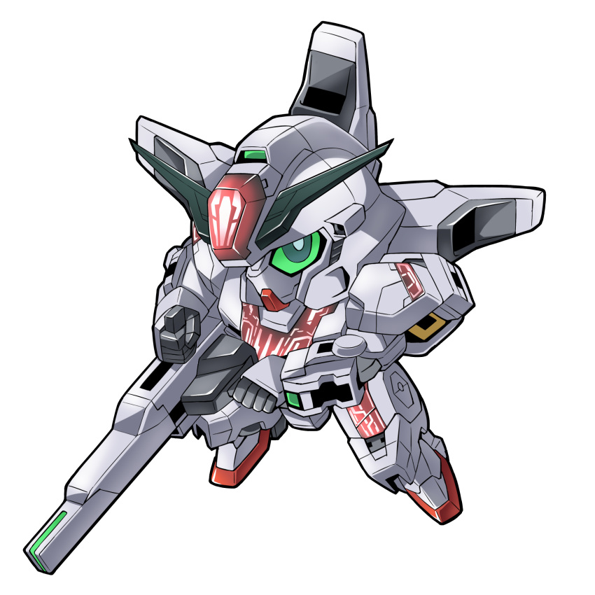 beam_cannon chibi colored_sclera commentary energy_cannon full_body green_eyes green_sclera gundam gundam_calibarn gundam_suisei_no_majo highres holding holding_cannon holding_weapon looking_at_viewer ma_tsukasa mecha mobile_suit no_humans robot sd_gundam solo thrusters v-fin weapon white_background