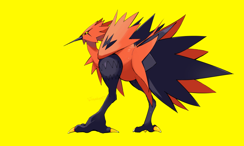 absurdres closed_mouth commentary_request galarian_zapdos highres looking_at_viewer looking_back no_humans pokemon pokemon_(creature) simple_background solo standing taiyaka315 talons yellow_background yellow_eyes