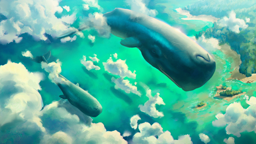 absurdres animal animal_focus clouds flying flying_whale highres island no_humans ocean original outdoors sky tree vsales water whale